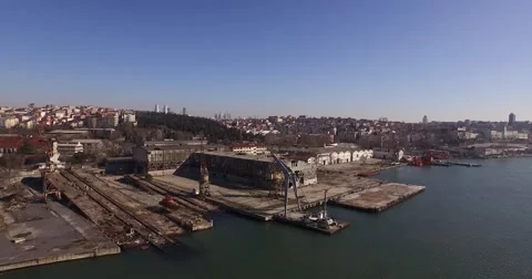 Aerial Footage of Old Abandoned Shipyard in The Golden Horn Stock Footage