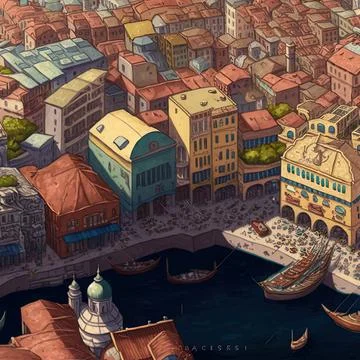 Aerial footage of the old city and port Stock Illustration