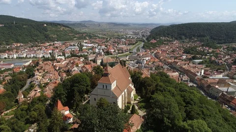 Aerial footage of an old eastern Europe town on a sunny day Stock Footage 114382653