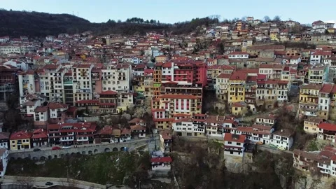 Aerial footage of the old town of Veliko Tarnovo, Bulgaria Stock Footage
