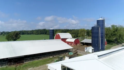 Aerial footage over a dairy farm in Michigan in the summer. Stock Footage