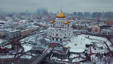 Aerial footage of Russian Orthodox Temple of Christ in Moscow in winter. Stock Footage