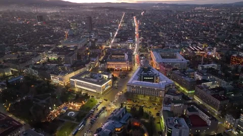 Aerial footage of Sofia, Bulgaria at dusk, showing the illuminated city center Stock Footage 343349897