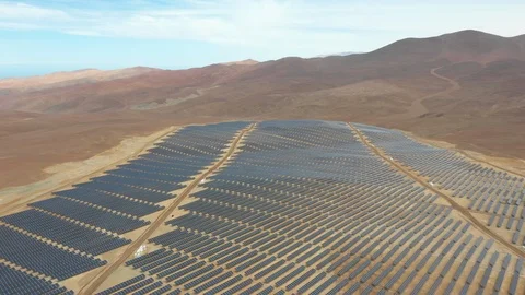 Aerial Footage Solar Energy Modules Farm Power Plant at Atacama Desert Stock Footage