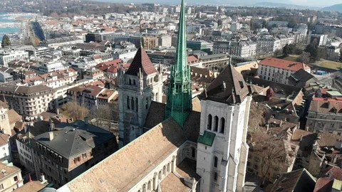 Aerial footage of St Pierre Cathedral in Geneva Switzerland Stock Footage