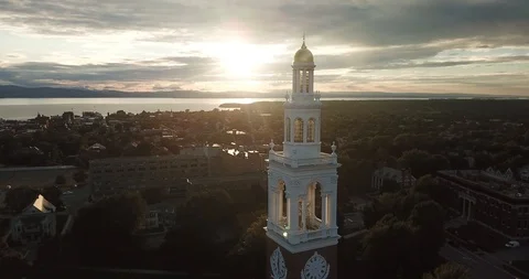 Aerial footage of sunset over Downtown Burlington Lake Champlain, Vermont Stock Footage