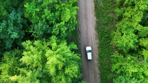 Aerial footage of an SUV navigating a forest dirt road surrounded... Stock Footage 341894284