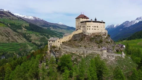 Aerial footage of the Tarasp castle in Switzerland Stock Footage