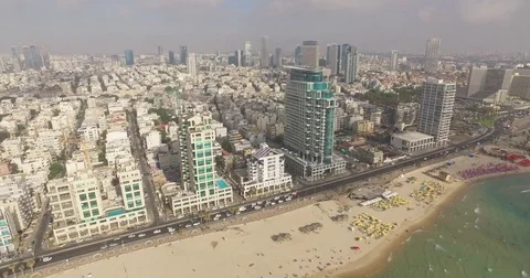 Aerial footage of Tel Aviv, hotels, promenade. 4k Stock Footage