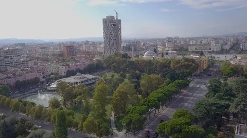 Aerial footage of Tirana city center, flying towards Skanderbeg Square. Stock Footage