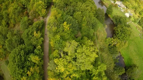 Aerial footage of a waterfall, river in the Peak District, Derbyshire, Bakewell Stock Footage