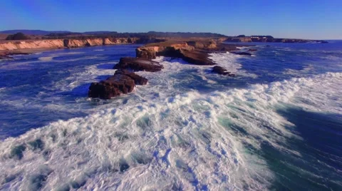 Aerial Footage of Waves Crashing Into Rocks at Point Arena, California Stock Footage