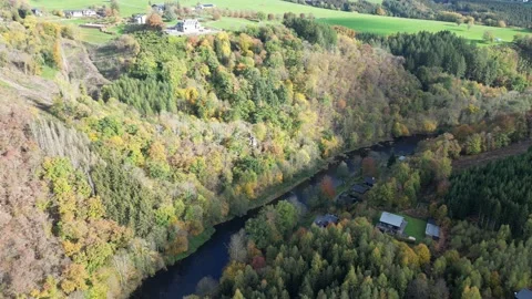 Aerial of forest and river in the Belgian Ardennes Stock Footage 219912443