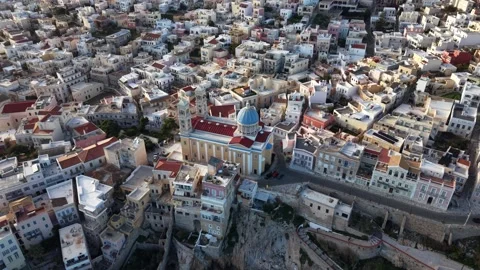 Aerial Forward Approach Over Agios Nikolaos Church in Syros Ermoupoli Stock Footage 334554995