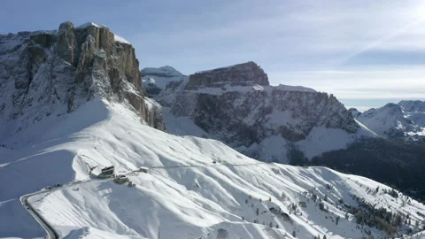 Aerial Forward Beautiful Shot Of Tranquil Snowy Mountains Against Sky - Sella Stock Footage 201274533