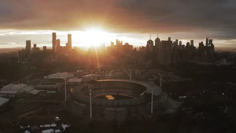 Aerial Forward Beautiful View Of Australian Sports Stadium By Modern Office Stock Footage 269448983