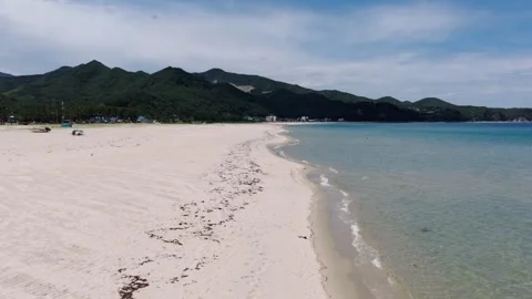 Aerial Forward Flight Along White Sandy Beach and Ocean Stock Footage 313108491
