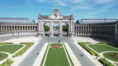 Aerial Forward Flight Approaching the Triumphal Arch Cinquantenaire Brussels Stock Footage 338433393