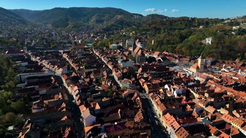 Aerial Forward Flight Over Brasov City Romania. Slow motion. Video stock 288328639