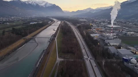 Aerial Forward Flight Over Campus Between Highway And Rhine River 스톡 동영상 329558191