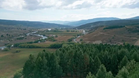 Aerial forward flight over pine forest with winding river valley and hills 스톡 동영상 331160406