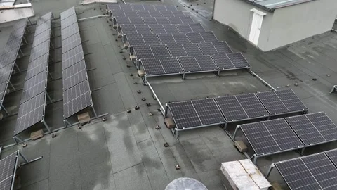 Aerial Forward Flight Over Rooftop Solar Panels Stock Footage 323965492