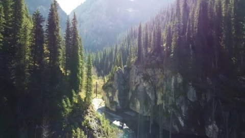 Aerial Forward Flight Through Mountain Gorge into Sunken Forest Lake Stock Footage 332216717