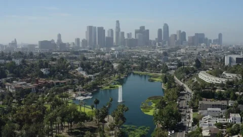 Aerial Forward Flight Toward the Los Angeles Skyline Over Echo Park Stock Footage 346662188