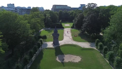 Aerial Forward Flight Towards Beyaert Tower in Cinquantenaire Park Brussels Stock Footage 338433421