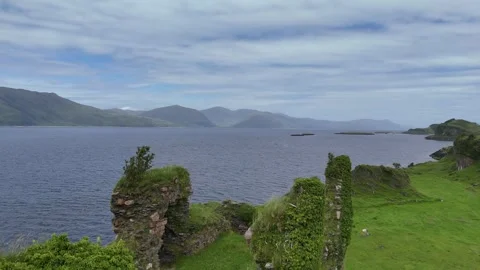 Aerial Forward Flight Towards Castle Coffin Ruins | Lismore Island Scotland Stock Footage 331312072