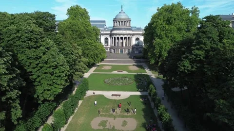 Aerial Forward Flight Towards Museum with People Below Cinquantenaire Stock Footage 338433422