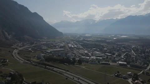 Aerial Forward Motion in Rhone Valley near Villeneuve Switzerland 4K 動画素材 330114974