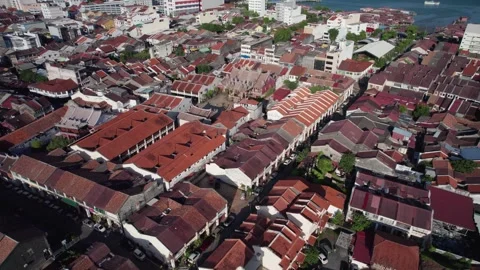 Aerial Forward Motion Shot of Georgetown Penang with Mosque Minaret and Chinese Stock Footage 334759997
