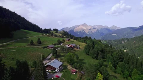 Aerial forward movement showing Alpine mountain chalets on slope in summer Stock Footage 317816384