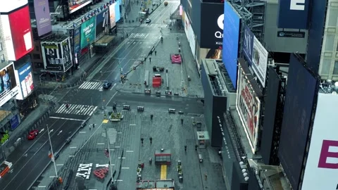Aerial forward over empty Times Square streets Covid-19 pandemic NYC 스톡 동영상 147457301