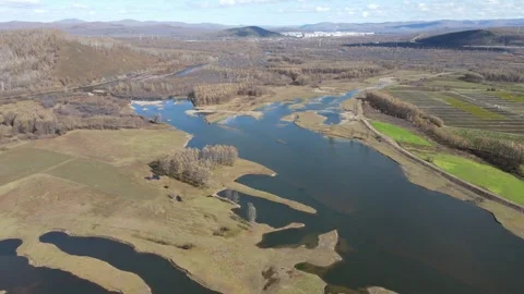 Aerial Forward Push Over Autumn Wetland Lakes Inner Mongolia Stock Footage 330252448