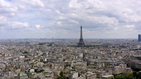 Aerial Forward Shot Of Cityscape With Eiffel Tower Against Cloudy Sky - Paris, Stock Footage 272711454