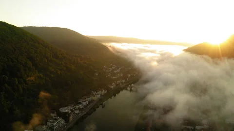 Aerial Forward Shot Of Clouds Moving Over Neckar River In Town - Heidelberg, Stock Footage 188193727