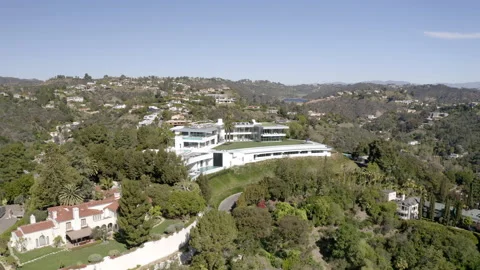 Aerial Forward Shot Of Famous Mega Mansion On Green Hill -  Los Angeles, Stock Footage 201228719