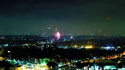 Aerial Forward Shot Of Fireworks Exploring In Modern City Against Clear Sky At Stock Footage 255404040
