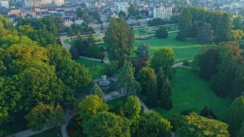 Aerial Forward Shot over Parc du Thabor in Rennes at Sunrise, France Stock Footage 321379881