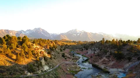 Aerial Forward Shot Of Stream Flowing At Valley Against Sky, Drone Flying Over Stock Footage 250384336