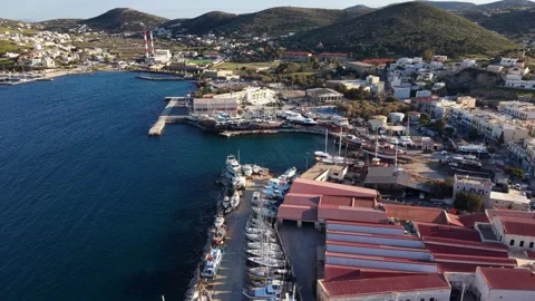 Aerial Forward View of Boatyard and Shipyard in Syros Ermoupoli Stock Footage 333419121