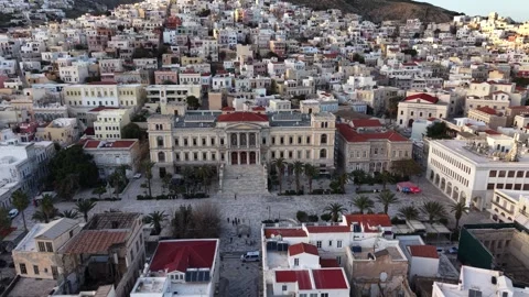 Aerial Forward View of Miaouli Square and City Hall in Syros - Ermoupoli Stock Footage 333867433