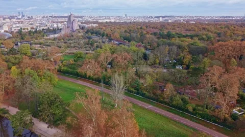 Aerial Forward View Over Paris Zoological Park of Vincennes in Autumn Stock Footage 323907964