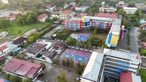 Aerial Forward View of School Building and Basketball Court Video stock 347259912