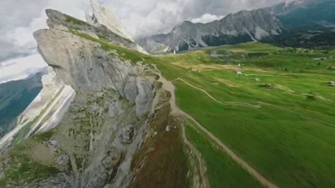 Aerial Fpv Drone of cloudy Seceda hills in Italy Stock Footage 287004606