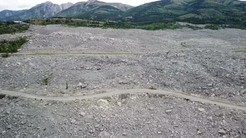 Aerial of the Frank Slide beneath Turtle Mountain, Alberta Stock Footage 139942947
