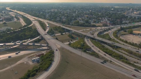 Aerial: Freeway crossing the Scioto River. Columbus, Ohio, USA Stock Footage 127392438