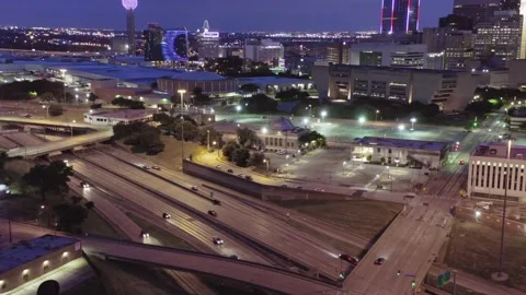 Aerial: Freeway interstate 30 in downtown Dallas at night. Texas, USA Stock Footage 131367495